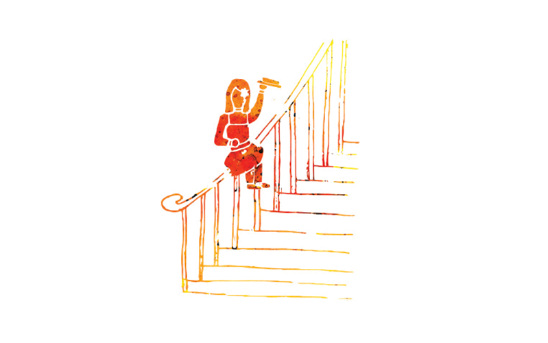 An orange drawing of a woman sliding a stair rail with a tray in her hand.