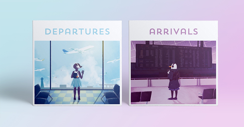 Two images of personified birds that look like school children, wearing backpacks and phones with headsets. One of them is standing at an airport departure terminal and the other is standing at the arrivals terminal.