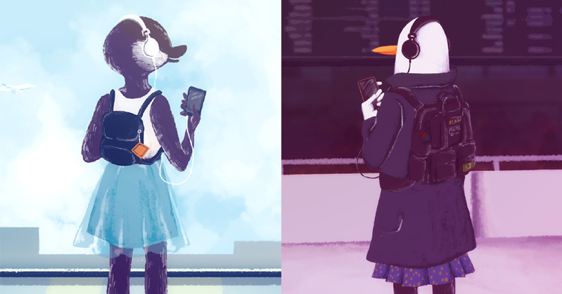 Two images of personified birds that look like school children, wearing backpacks and phones with headsets.