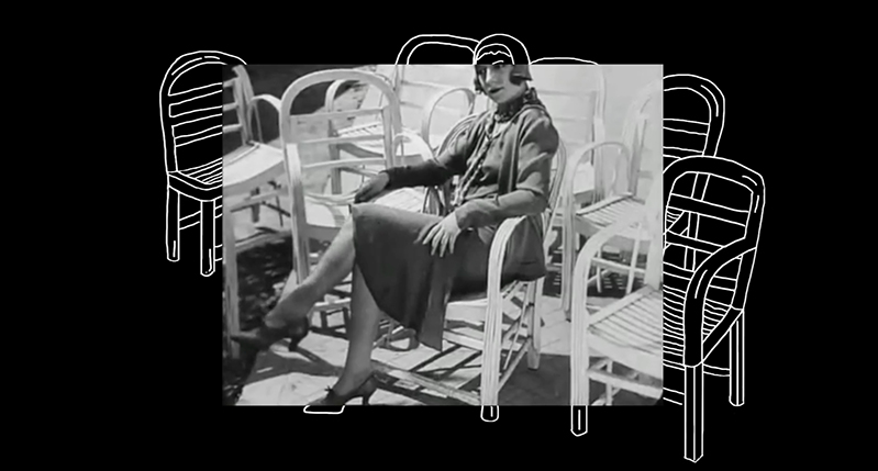 A black and white photo of a woman wearing an old dress and siting on a chair around other chairs. The photo seems to be continued with a drawing of chairs.