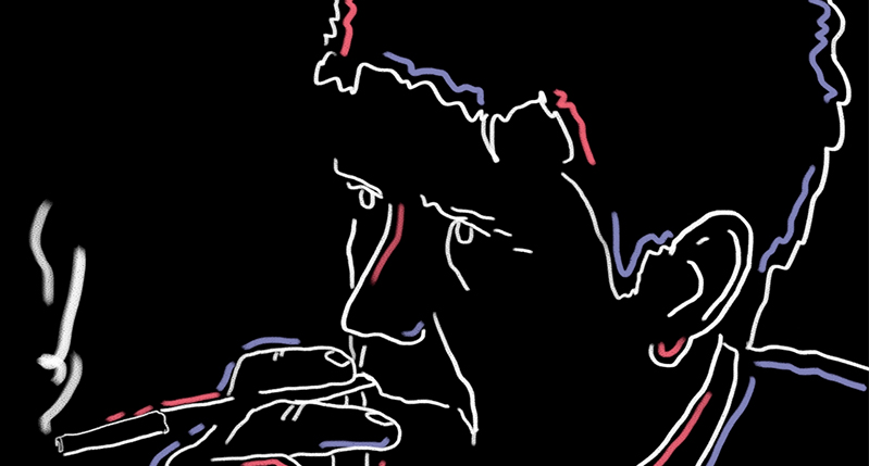 A black picture with some white, red and blue lines that depict a man's face while he smokes a cigarette.