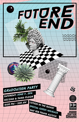 A poster with squares and cyan pink gradient. On it there is a sculpture head, a round stone pillar, a checker board, and some green plants near a blue red sphere. The text on the poster is: Future End. Graduation Party.