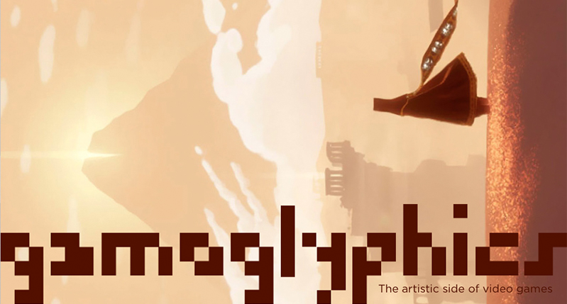 A brown colored poster that depicts a volcano, some clouds, a ruined building and a human figure. On it there is a text: gamoglyphic. The artistic side of video.