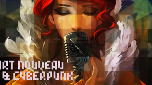 A colorful image of a girl wearing women feathered dress and talking at a retro microphone. The title on the poster says: Art Nouveau & Cyberpunk.