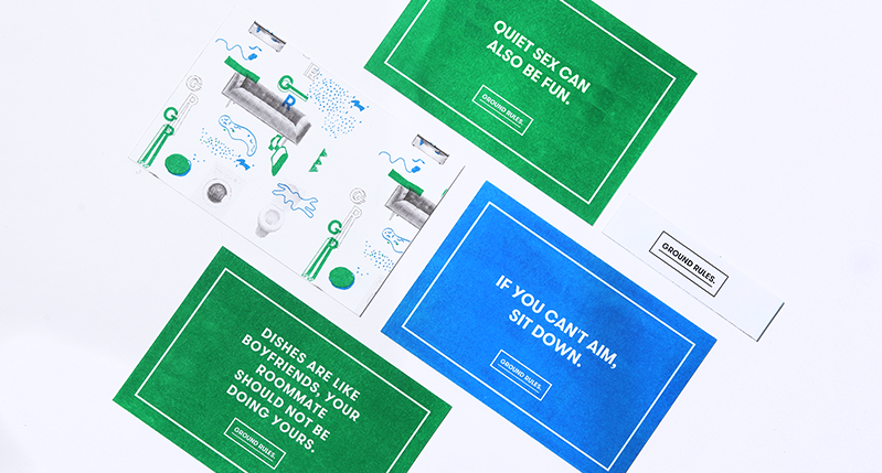 A set of blue, green and white calling cards with the same logo on them.