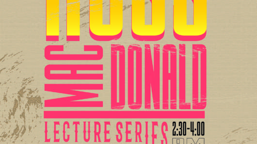 A brownish poster with black, red to yellow gradient and purple text that says: MFA Design: The Designer As Author Entrepreneur. Designer Illustrator Author Ross MacDonald Lecture Series. There is also a MFA DESIGN and a blue green gradient SVA NYC logo.
