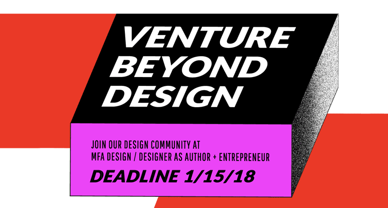 A black, white, purple and red text logo that says: Venture Beyond Design. The logo is placed on a 3d block with additional text: Join Our Design Community At MFA DESIGN / Design As Author + Entrepreneur.
