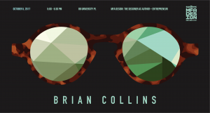 A poster with a pair of glasses drawn on it. The glasses have a brown texture and the lenses are made from green polygonal shapes. The text on the poster is: Brian Collins.
