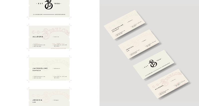 A set of four white calling cards, viewed in printing mode and also in 3 dimensions.