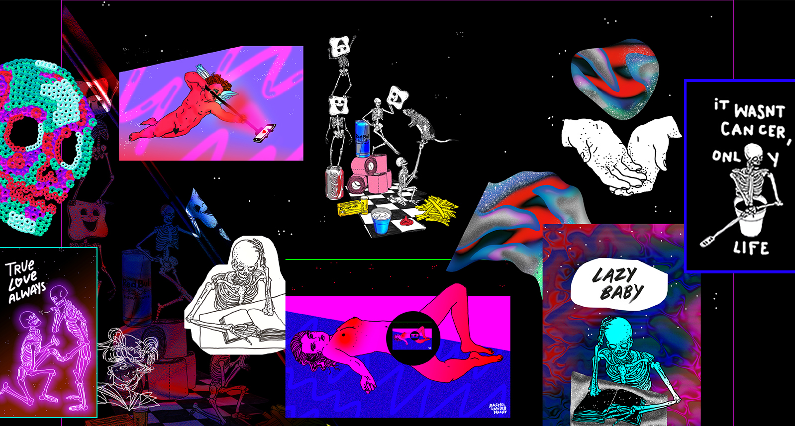 A set of some colorful neon drawings, some erotic that depicts: a skeleton head, two pople holding hands, askeleton reading a book, some hands one on top of another, a naked girl standing on the floor and a cupid figure with a bow and arrow.