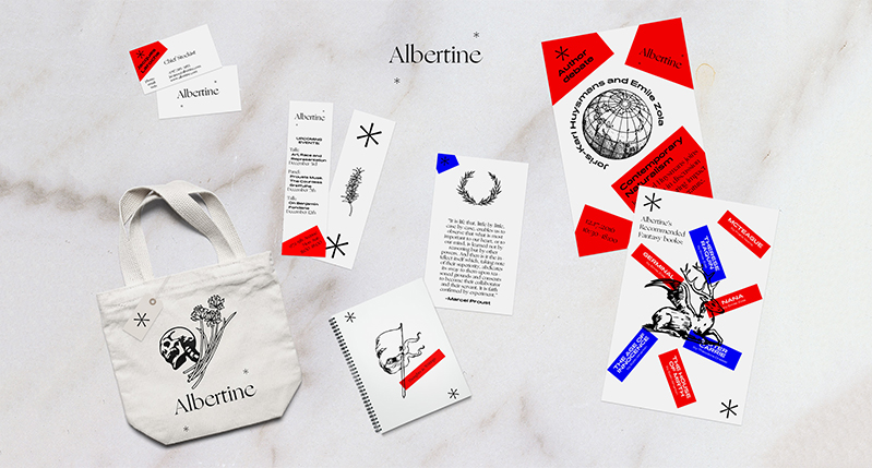 A set of black, blue, red logos on papers and handbags with the text Albertine.