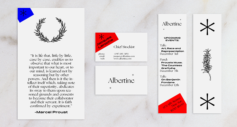 A set of paper with black, blue and red imprinted logos with the text Albertine.