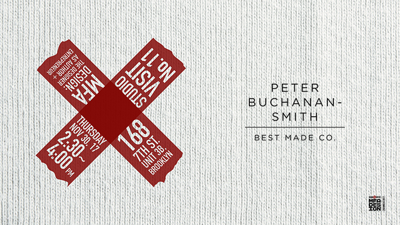 A poster showing some white textile material with a brown X bandage that has text on it. The title of the poster: Peter Buchanan-Smith. Best Made Co.