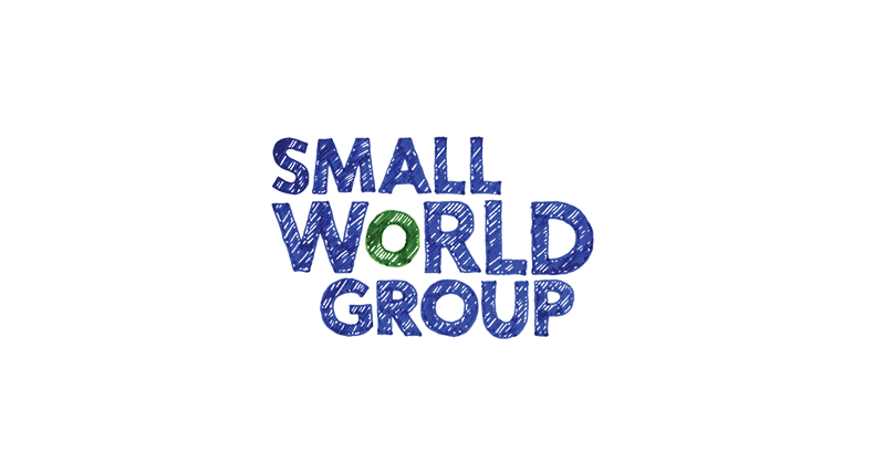 A blue and green text logo that says: Small World Group.