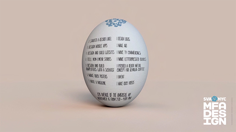 A poster showing a 3D computer generated white egg with a blue SVA logo and some text on it.