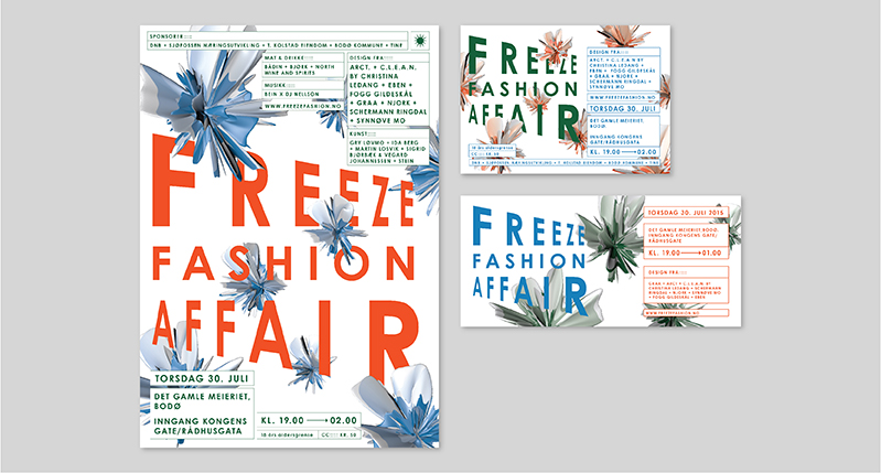 A set of posters with some 3D splash figure. On each poster there is the text: FREEZE FASHION AFFAIR.