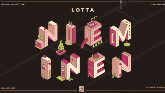A poster showing a 3D isometric, green, brown, red and crimson buildings that look like letters forming the word: NIEMINEN. There is also the word Lotta.