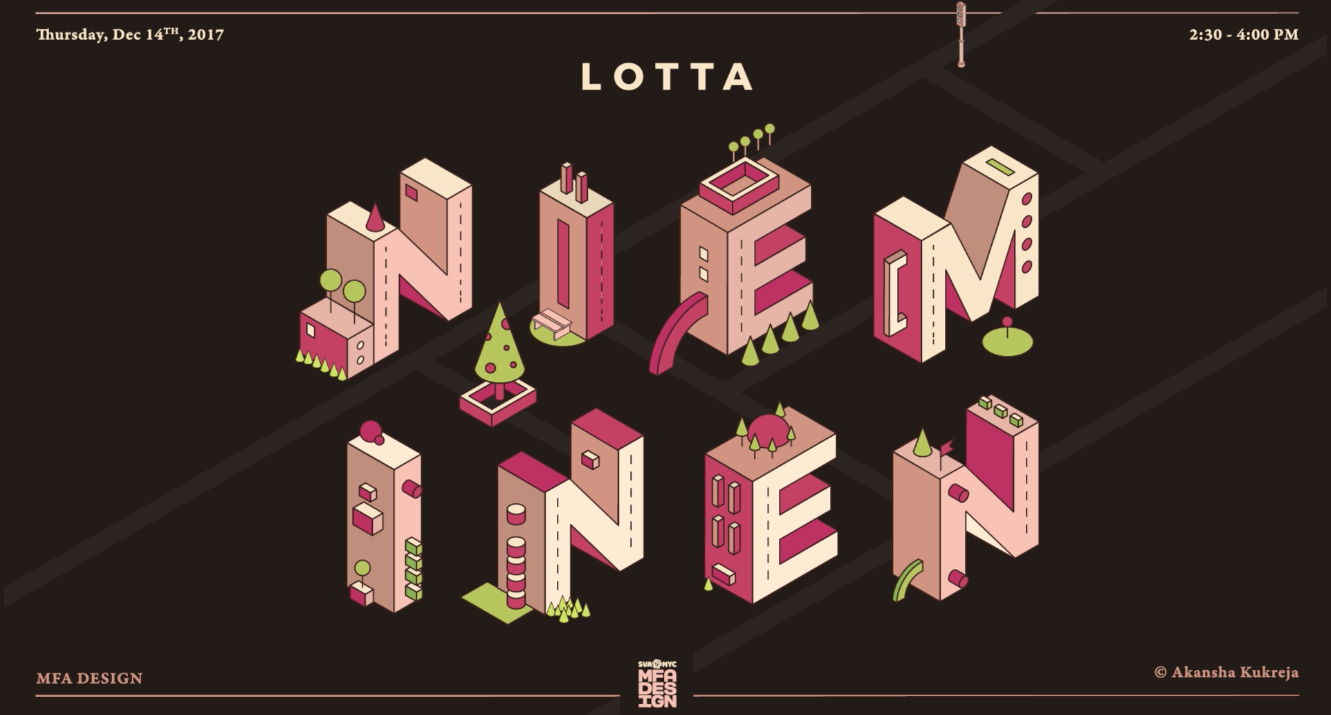 A poster showing a 3D isometric, green, brown, red and crimson buildings that look like letters forming the word: NIEMINEN. There is also the word Lotta.
