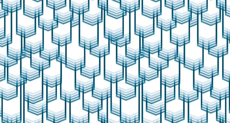 A white poster with a blue gradient, 3D pattern shapes that look like blocks with layers.