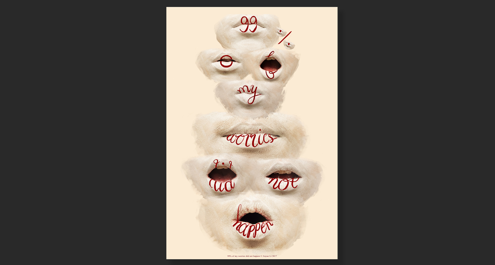 A poster depicting some sort of fluffy object, each having a mouth with lips colored with a red pencil.