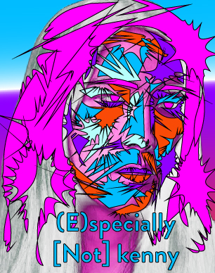 A cartoon drawing of a woman's face using pink, blue, cyan, red and purple splashes. The drawing seems to be overlapped over a real black and white photo of a woman.