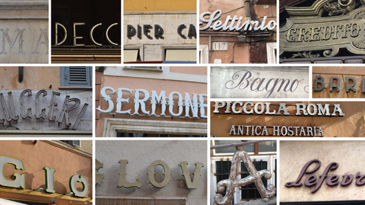 A set of photos showing 3d text found on street shops in Rome.