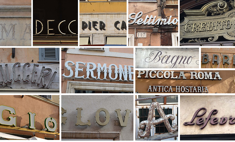 A set of photos showing 3d text found on street shops in Rome.