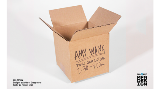 A poster showing an open cardboard box  with some text on it that says: Amy Wang.