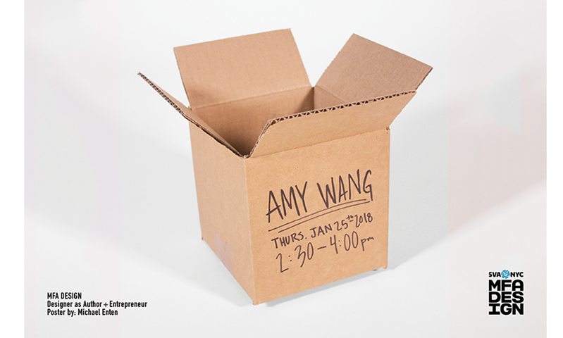 A poster showing an open cardboard box  with some text on it that says: Amy Wang.