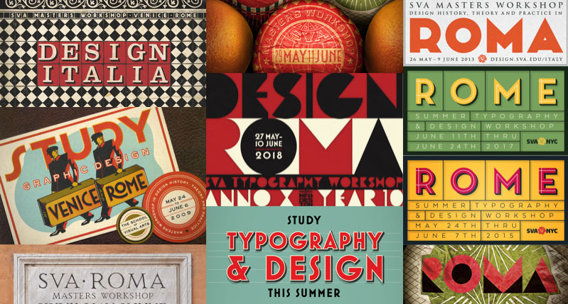 An image depicting multiple posters from different years regarding Rome and Venice Typography Design Workshops.