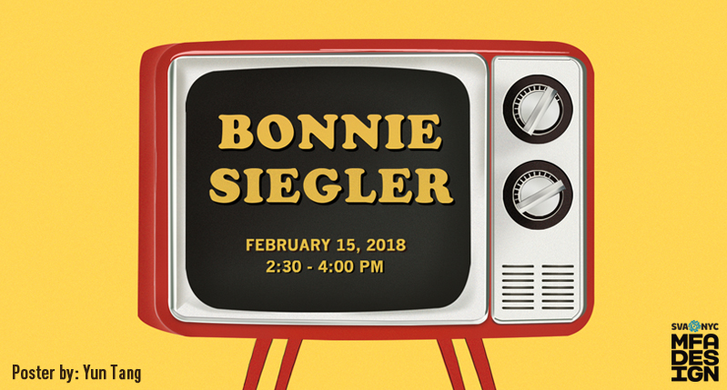 A yellow poster with a red and white old tv set. On the tv screen there is the text Bonnie Siegler.