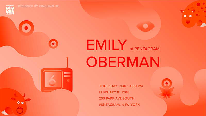 A red orange poster showing circular patterns, a tv set and some random animal figures. On it there is the text: Emily Oberman at Pentagram. SVA NYC logo.