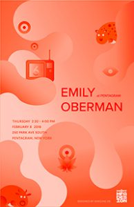 A red orange poster showing circular patterns, a tv set and some random animal figures. On it there is the text: Emily Oberman. SVA NYC logo.