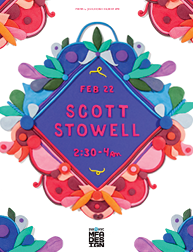 A poster with a purple square, some red, green and blue leaves with the text Scott Stowell in the middle.