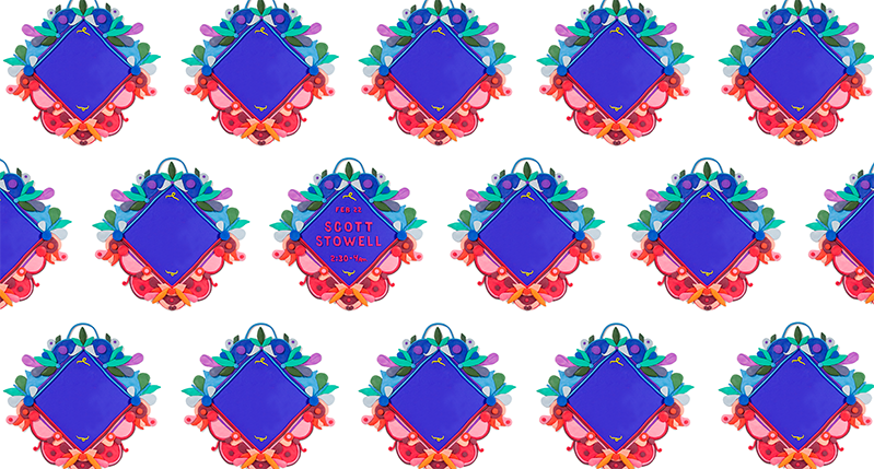 A pattern with a blue square, a red and a green floral design on a white background.