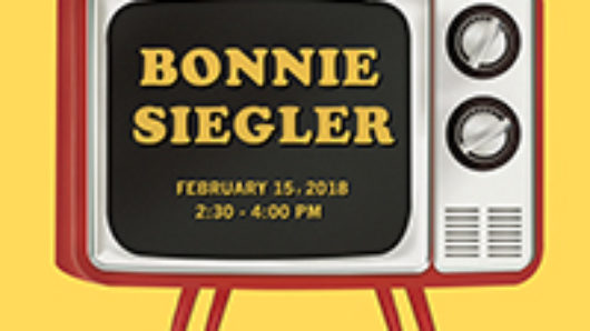 A yellow poster with a red and white old tv set. On the tv screen there is the text Bonnie Siegler.