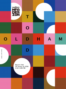 A poster with multiple colored tiles, white circles and the text: Todd Oldham. Mfa Design Sva NYC logo.