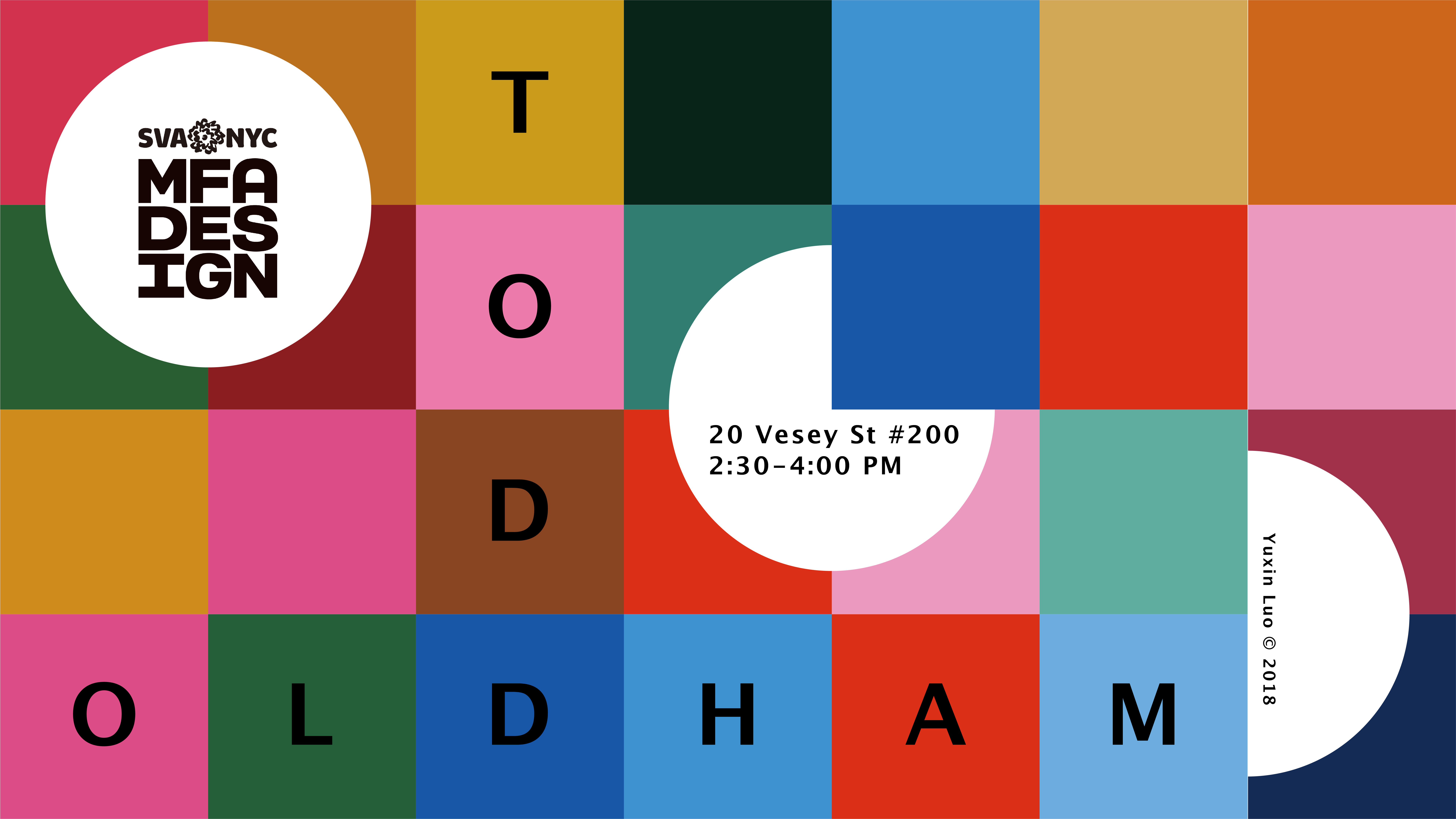 A poster filled with colorful squares, a white circle with SVA MFA Design logo and some text that says: Todd Oldham.