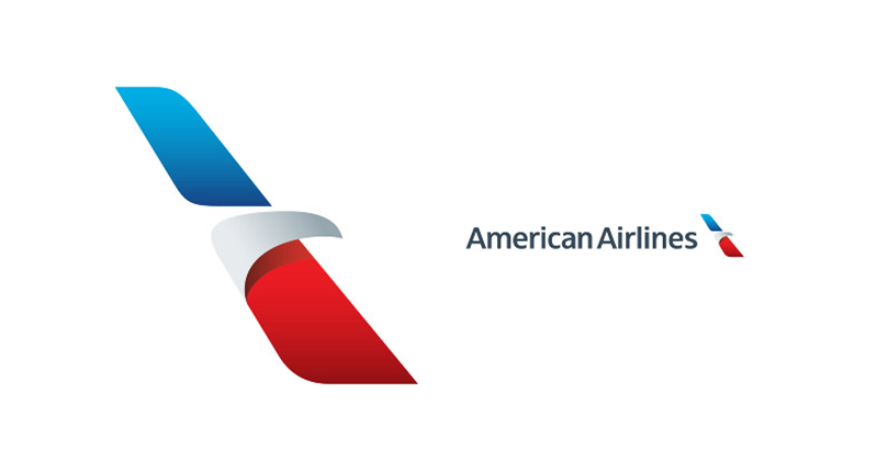 A red, white and blue logo that depicts an eagle. The text near the logo is America Airlines.