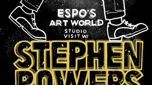 A black poster with a white drawing of some feet and some white and yellow text that says: Espo's Art World Studio Visit  W Stephen Powers. MFA Design NYC SVA logo.