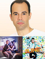 A photo of a man wearing a white t-shirt and two album cover designs. One cover design has three people siting on a bed and the other has a man filled with colorful dots around.