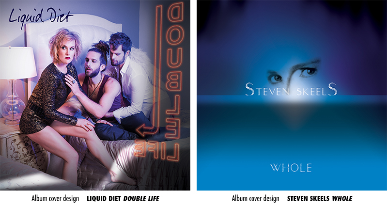 A set of two album cover designs. One has three people sitting on the bed with the text: Liquid Diet. The other cover is blue with a set of eyes and the text: Steven Skeels Whole.