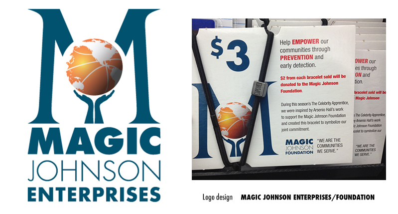 A logo design and  a set of calling cards with the same logo which is a blue M with a yellow globe held by hands and text: Magic Johnson Enterprises.
