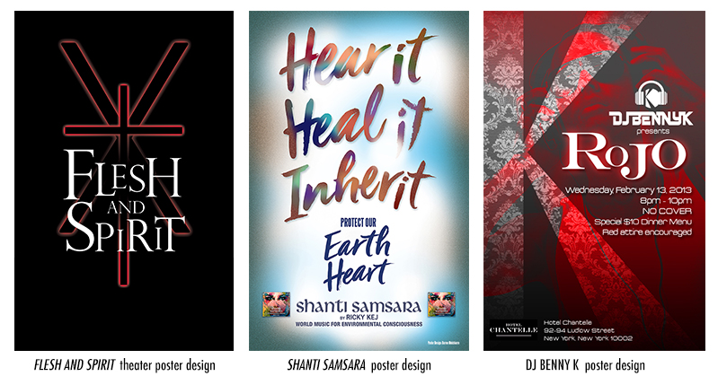 A set of three colored posters with text: Flesh and spirit, Hear it, Heal it Inherit, Roj.