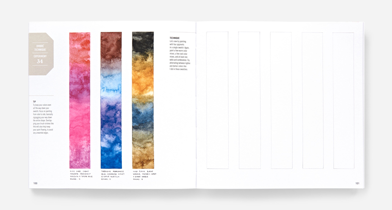 A book with sample colored strips. Each strip has a sort of cloud formation but different color like: pink and magenta, blue, violet and brown, brown, blue, orange and yellow.
