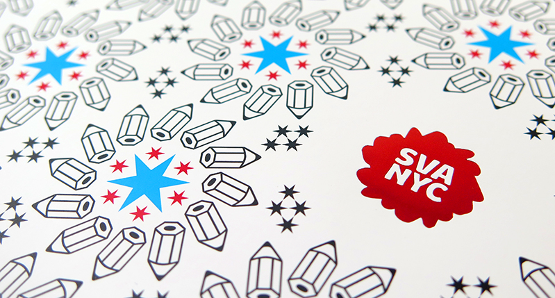 A piece of paper with a red SVA NYC logo and some drawing of floral patterns made from red and blue stars surrounded by crayons.
