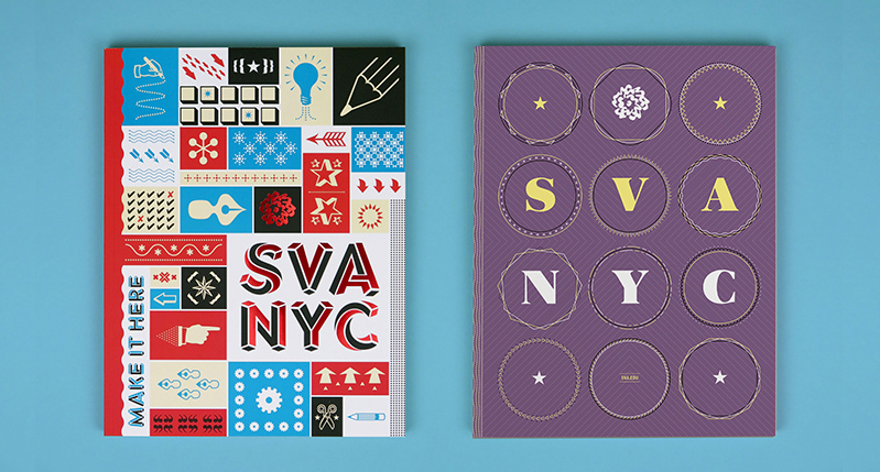 A set of two notebook cover designs. One has all sorts of blue, red and yellow patterns with text SVA NYC. The other is purple with circles and some white and yellow text: SVA NYC.