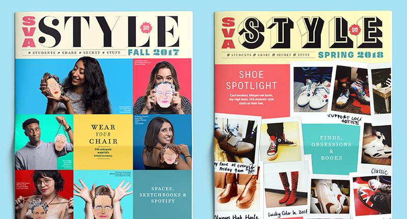 A set of two cover magazines, one with colorful tiles and peoples in them and the other with polaroid photos of different shoes. The text on them is SVA STYLE.
