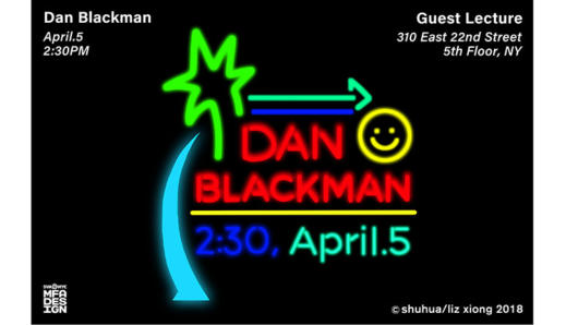 A black poster with colorful blue, cyan green, red and yellow neon sign. The sign depicts a tropical tree, some arrows, a smiley face and the text: Dan Blackman.