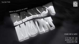 A 3D black and white text logo that says: Randy Hunt. Head of design at Artsy.